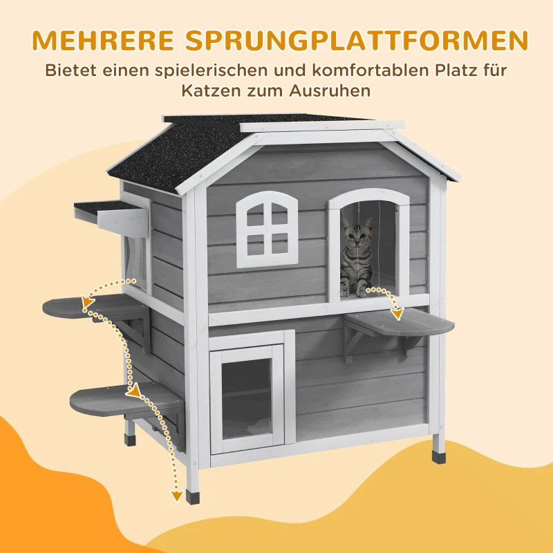 PawHut buiten kattenhuis mooi klein tuin 2 verdiepingen massief hout grijs(m-7)