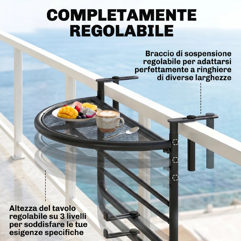 Outsunny Tavolino da Ringhiera Pieghevole con 3 Altezze Regolabili in Metallo, 60x45x50cm, Nero
