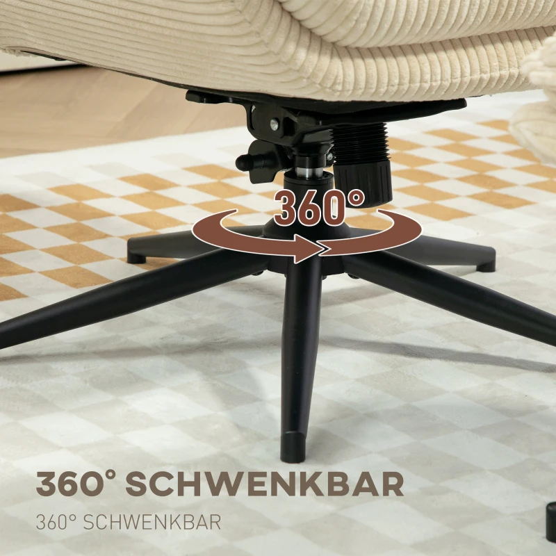 HOMCOM Draaibare Gestoffeerde Fauteuil met Voetenbank, Modern Relaxfauteuil voor Woonkamer, Slaapkamer, Thuiskantoor, Beige