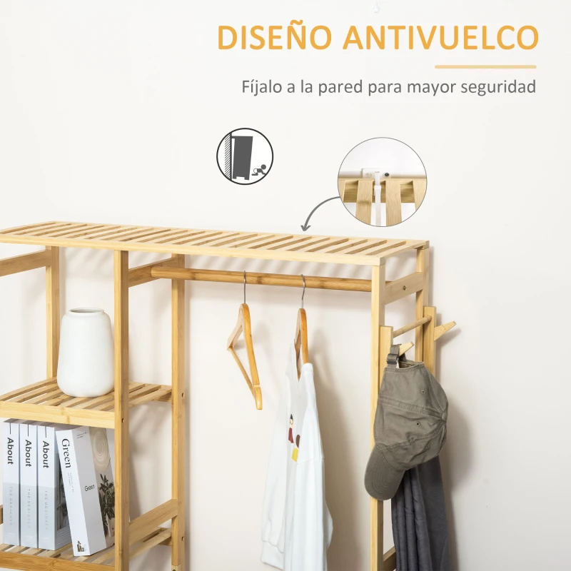HOMCOM Perchero Burro de Bambú Perchero de Pie con Estantería de 4 Niveles con Barra Estante Inferior y Colgador Lateral para Ropa Bolsas Dormitorio 90x30x155 cm Natural