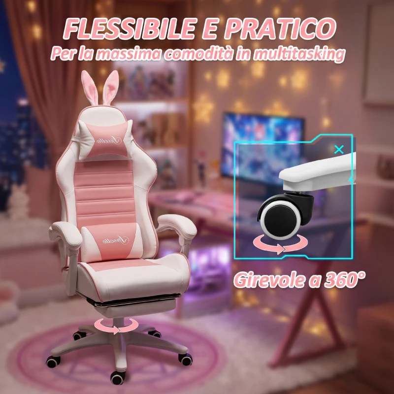 Vinsetto Sedia Gaming Ergonomica con Orecchie, Poggiapiedi Estraibile, Cuscino Lombare e Poggiatesta, Rosa