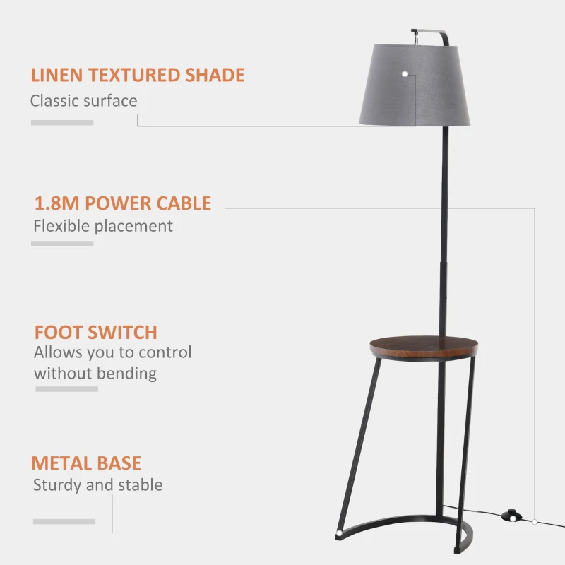 HOMCOM 165cm Unique Floor Lamp & Middle Wood Shelf Industrial Style Steel Frame Curved Base Home Office Lighting Storage Brown&Black