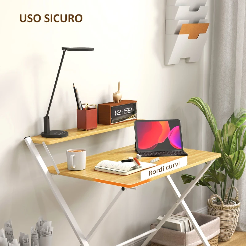 HOMCOM Scrivania Pieghevole con Ripiano Rialzato e Gambe a X, in Legno e Acciaio, 86x66x82 cm, Bianco e color Legno