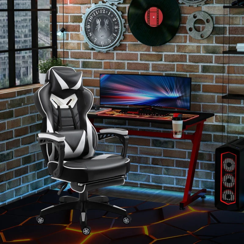 Vinsetto Chaise gaming Ergonomique, Fauteuil de Bureau confortable avec Repose-Pied, Appuie-Tête et coussin lombaire, Hauteur Réglable, noir et blanc