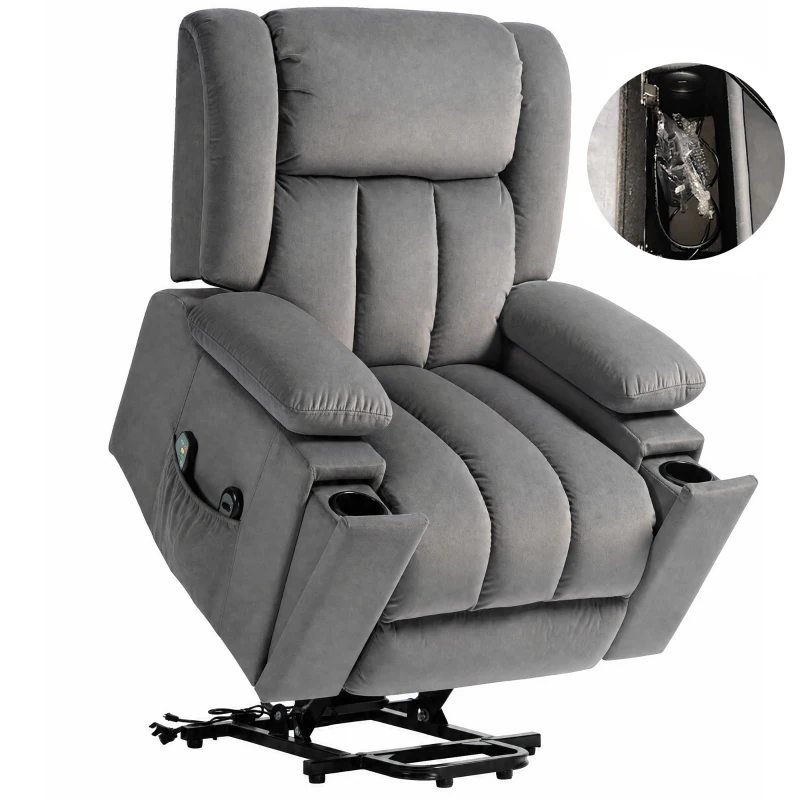 HOMCOM Elektrische Relaxfauteuil met opsta-hulp – Ligstoel met verwarmings- en massagefunctie, afstandsbediening, bekerhouder, zijvak, USB, pocketvering, fluweel, donkergrijs