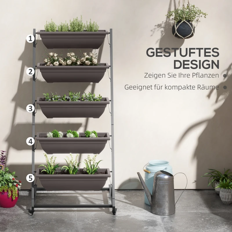 Outsunny 5-laags plantenrek, 145 cm hoog bloementoren met wieltjes en potten, stalen plantenplanken Bruin