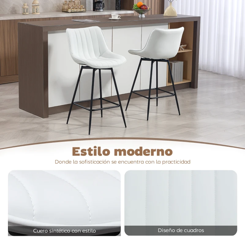HOMCOM Juego de 2 Taburetes de Bar, Sillas de Bar Giratorio 360° Tapizado en Cuero Sintético con Respaldo y Reposapiés Blanco