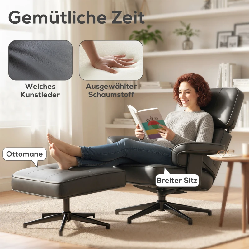 HOMCOM Verstelbare ligfauteuil met voetkruk, kunstleren bekleding, in hoogte verstelbare hoofdsteun, metalen basis, zwart