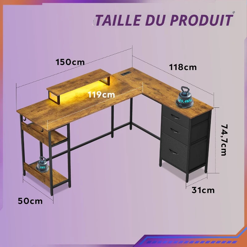 Bureau d'angle gaming en L, structure métallique stable & plateau en bois, montage facile, 150x50x87,5 cm, marron