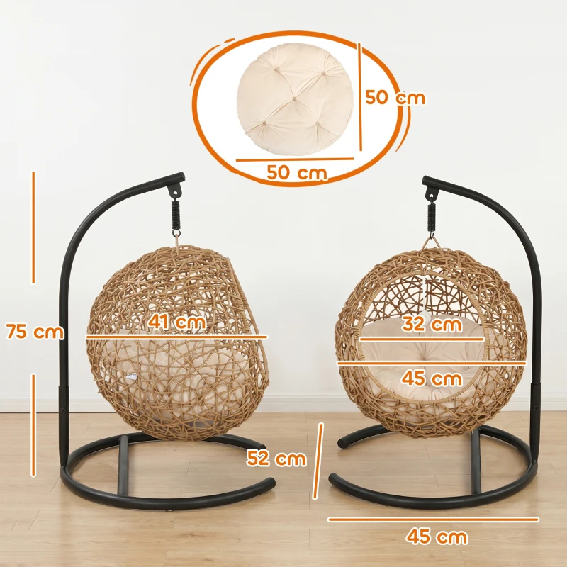 PawHut Rattan kattenmand met wasbaar kussen en speelbal, voor katten tot 10 kg, 45 x 41 x 75 cm, lichtbruin