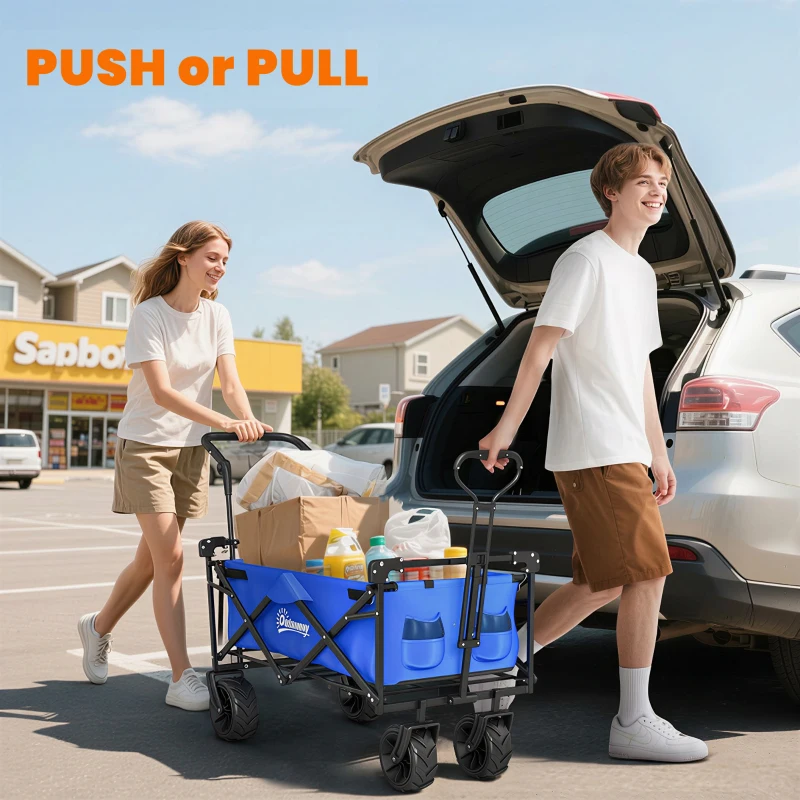 Outsunny 180L Festival Trolley on Wheels, Push & Pull Beach Cart with Removable Canopy, Wide All-Terrain Wheels, Folding Camping Trolley Cart, Adjustable Handle for Garden Fishing Shopping, Blue