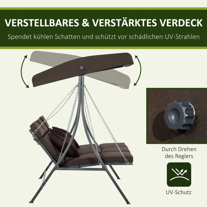 Outsunny Hollywood-schommel, voor 3 personen, verstelbaar zonnedak, tot 270 kg, bruin, 198 x 118 x 168 cm