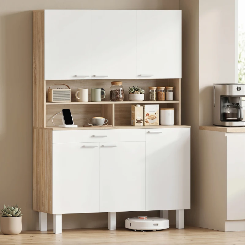 HOMCOM Credenza Cucina con Ripiani Aperti, 4 Armadietti e Cassetto, in Legno e Metallo, 120x40x175 cm, Bianco e Legno