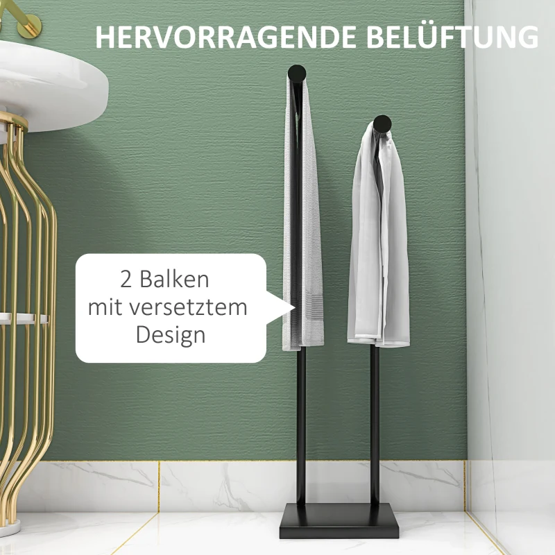 HOMCOM Handtuchhalter Stehend Handtuchständer mit 2 Stangen für Badezimmer, Badetücher Schwarz 35,5 x 20 x 78 cm