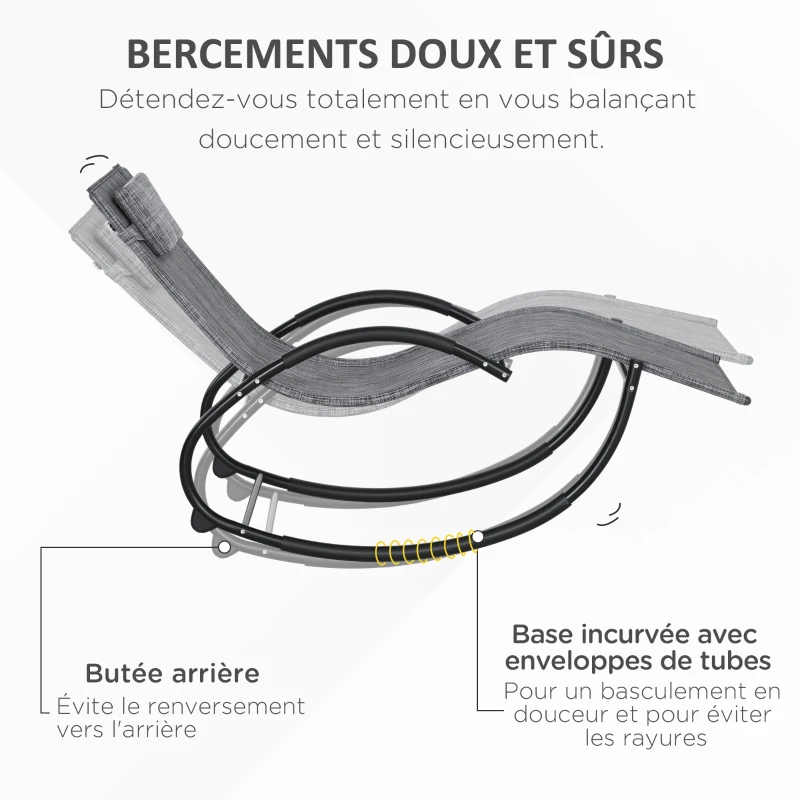 Outsunny Chaise longue à bascule avec tétière utilisation extérieure intérieure gris chiné
