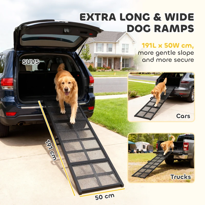 PawHut 191 x 50cm Dog Ramp for Car, Extra Long Pet Stairs with Non-Slip Surface, for Large Dogs, Black
