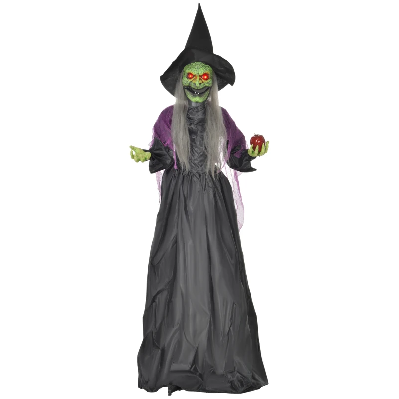 HOMCOM Heks met Giftappel, Halloween Decor, Griezelige Geluiden, Rode Ogen, Beweegbare Armen, 180 cm