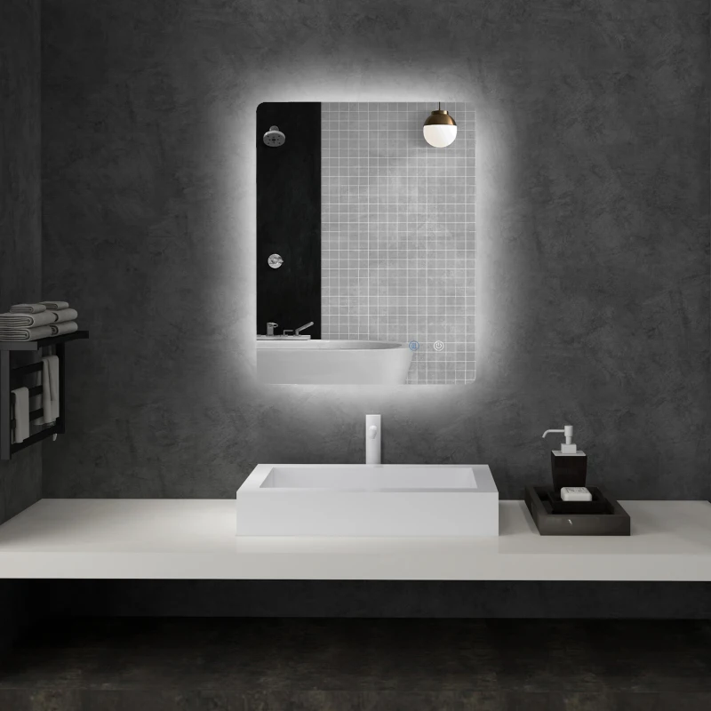 kleankin Miroir rectangulaire mural lumineux LED de salle de bain 80 x 60 cm luminosité réglable blanc transparent