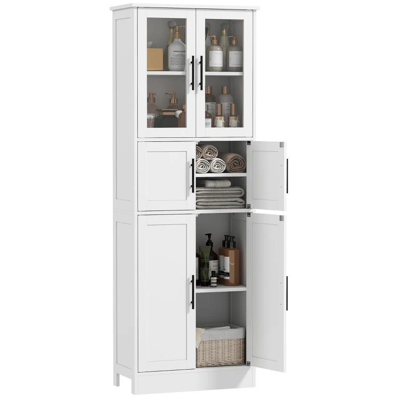 HOMCOM Meuble de salle de bain, meuble de rangement 6 niveaux, 6 portes dont 2 vitrées, étagères réglables, 60x30x170cm, blanc
