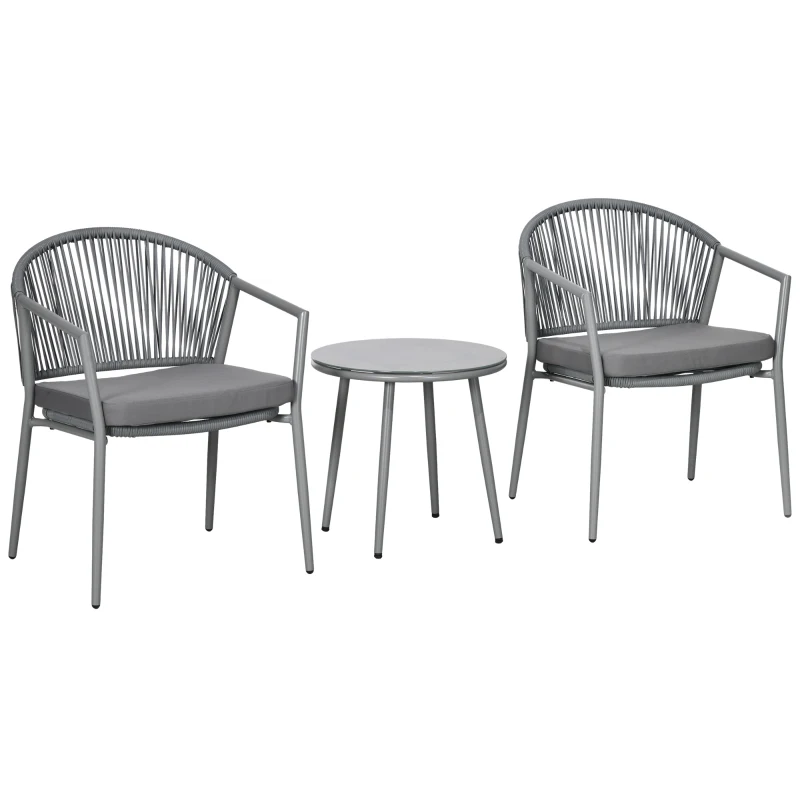 Outsunny Tuinset, 2 Stoelen & 1 Tafel met Glazen Blad, Rattan look, weerbestendig, Metalen frame, Grijs