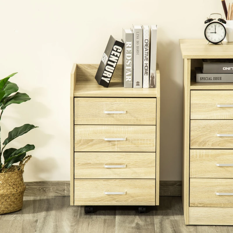 Vinsetto Caisson de bureau rangement sur roulettes 4 tiroirs coulissants MDF et panneaux de particules dim. 40L x 36l x 65H cm bois naturel
