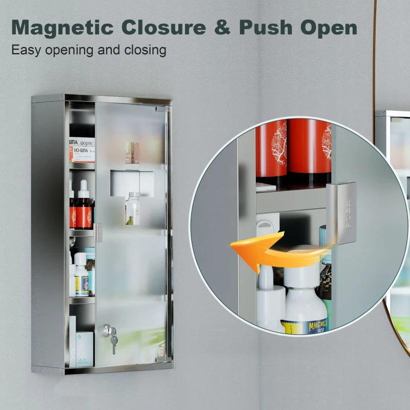 HOMCOM 4 Tier Stainless Steel Wall Mounted Medicine Cabinet Glass Lockable Door Storage Shelves Houseware Bathroom Furniture 60Hx30Wx12D(cm) w/2 Keys