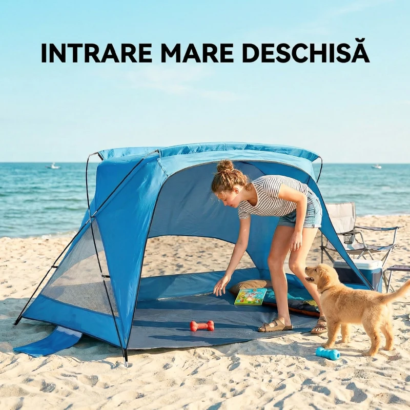 Outsunny Cort de Plajă Uv30+ cu Ferestre pentru 3 Persoane, Albastru