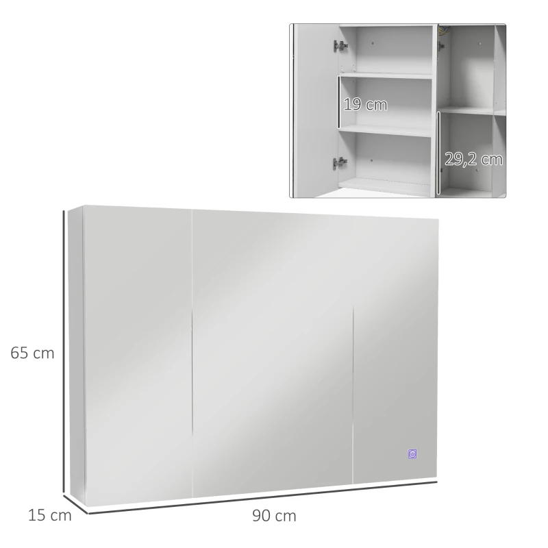 kleankin Armoire murale miroir avec éclairage LED de Salle de Bain 2 en 1, meuble 3 portes,  dim. 90L x 15l x 65H cm