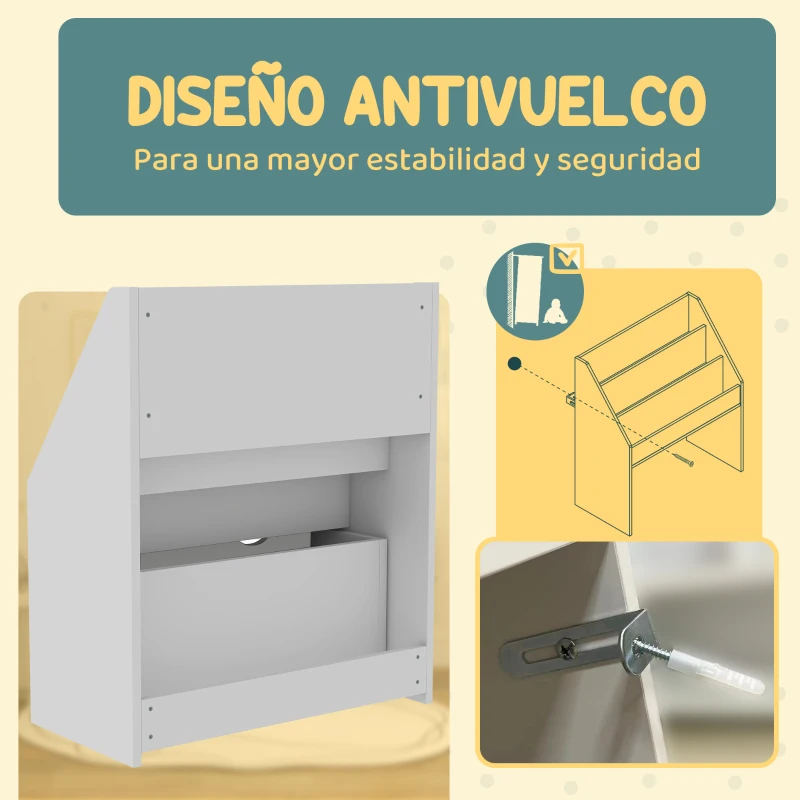 AIYAPLAY Librería Infantil de 4 Niveles Estantería para Libros Infantil con 3 Estantes y 1 Cajón con Ruedas 62,5x30x70 cm Blanco