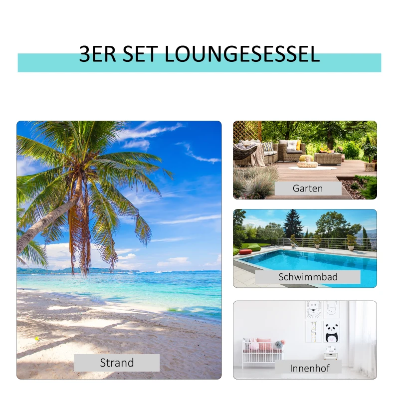 Outsunny 3-delige tuinligstoelenset, 2 ligstoelen & 1 bijzettafel, metalen frame, grijs+zwart