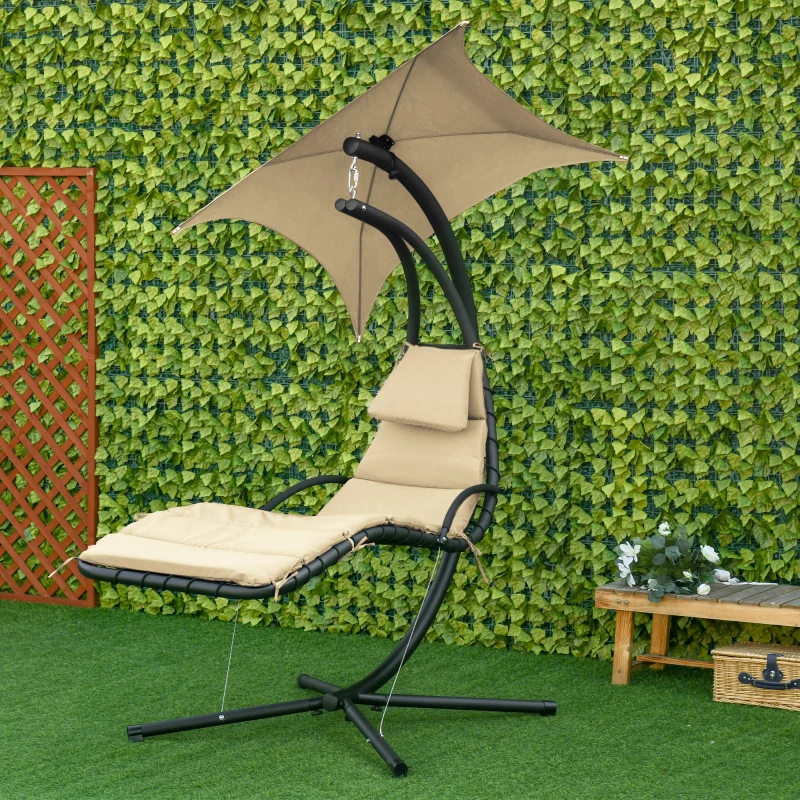 Outsunny Silla Colgante con Soporte con Toldo Estructura Metálica Antivuelco Carga 100 kg para Jardín Patio 190x110x190 cm Beige