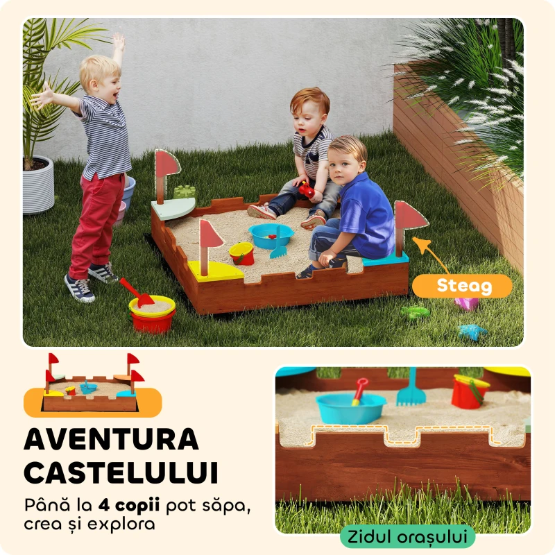 AIYAPLAY Ladă de nisip pentru copii 3-7 ani, în formă de castel, cu 4 locuri, din lemn de brad, 90x90x17 cm, multicolor