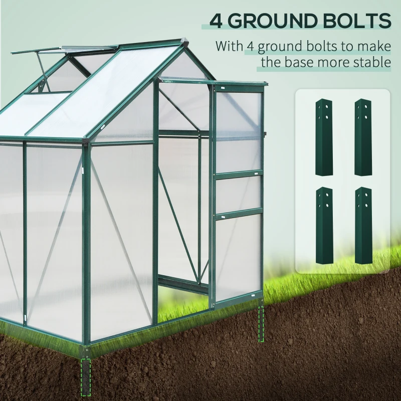 Outsunny 6 x 4ft Polycarbonate Greenhouse, Large Walk in Green House with Slide Door and Window, Garden Plants Grow House with Aluminium Frame and Foundation, Dark Green