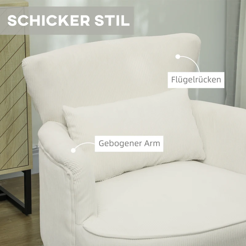 HOMCOM Moderne Armstoel, Gepolsterde Accentstoel met Lendekussen, Rubberhouten Poten, Crèmewit