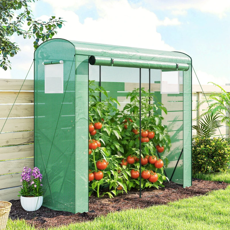 Outsunny Mini Greenhouse, Garden Tomato Growhouse with Roll-Up Door and 2 Mesh Windows, PE Cover, 200 x 75 x 188 cm, Green