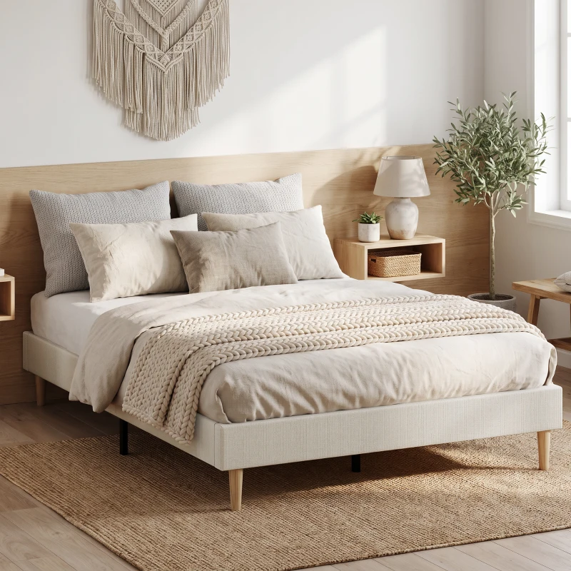 HOMCOM Cadru de pat 160 x 200 cm cu somieră, pat dublu tapițat din catifea moale, cu model striat, crem