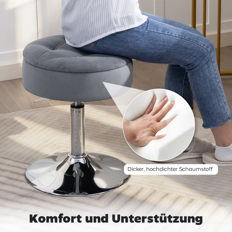 HOMCOM Barkruk, bistrokruk met opbergruimte, draaibare barkruk, hoogteverstelbare keukenkruk met veloursbekleding, 39x39x65 cm, grijs