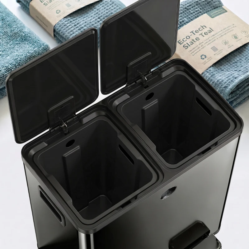 HOMCOM 40L Dual Compartment Stainless Steel Bin, with Deodoriser Holders - Black