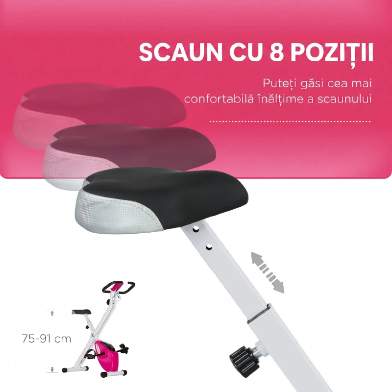SPORTNOW Bicicletă Fitness Pliabil Magnetică a 8 Niveluri Con Afișaj Roz E Alb