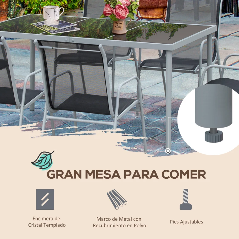 Outsunny Conjunto de Muebles Exterior para Jardín de 7 Piezas Incluye 1 Mesa y 6 Sillas Apilables con Reposabrazos 150x90x72cm Negro