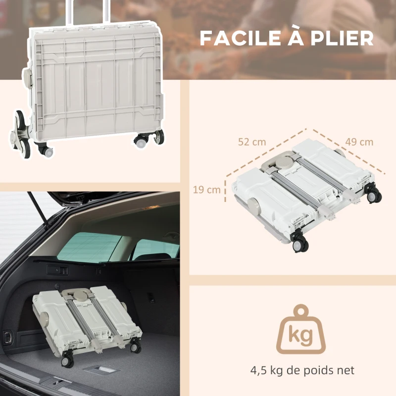 HOMCOM Chariot de courses pliable caddie de courses avec poignée télescopique réglable et couvercle charge max. 80 kg, blanc