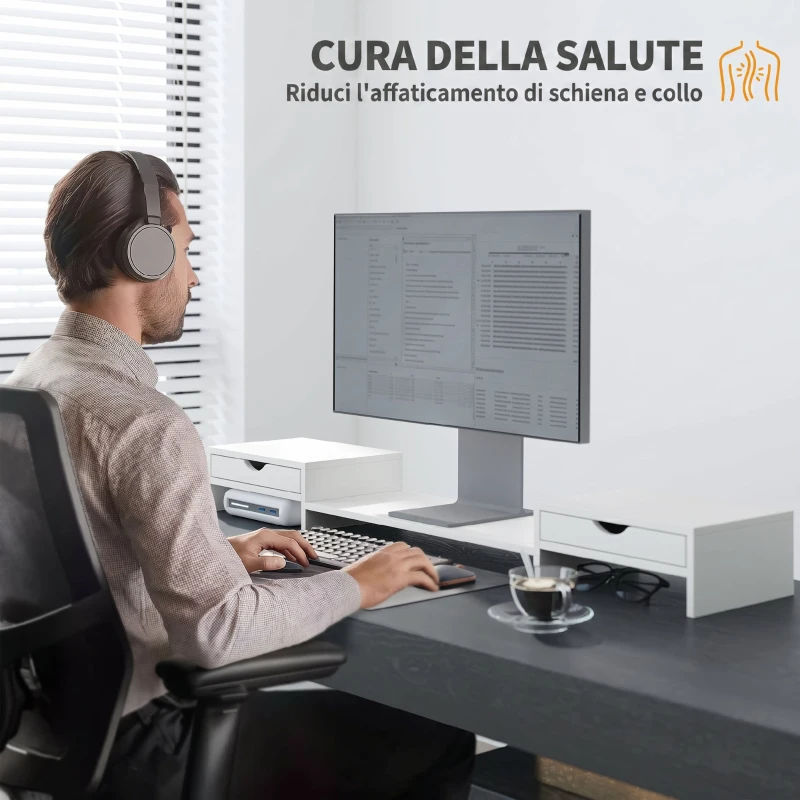 HOMCOM Supporto per Monitor da Scrivania con 2 Cassetti, 3 Spazi Sottostanti, Fino a 14kg, 60-116x22x12 cm, Bianco