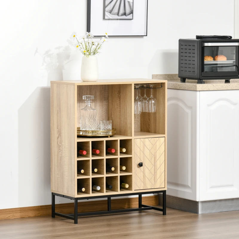 HOMCOM Aparador de Cocina con Botellero para 12 Botellas y Soporte de 6 Copas de Vino 76x35x97 cm Madera Natural