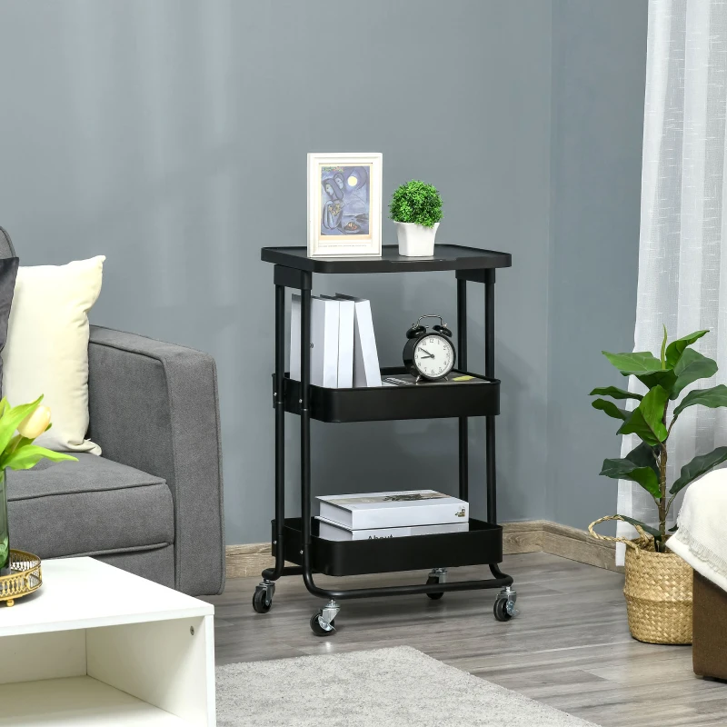 HOMCOM Carrito Auxiliar con Ruedas Carro de Almacenaje de 3 Niveles  para Baño Cocina Dormitorio Oficina 46x34,5x76,5 cm Negro