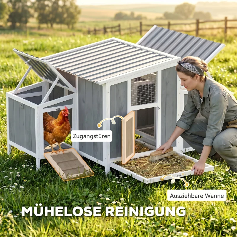 PawHut Kippenhok hout met afsluitbare deur legkast waterdicht PET-dak voor 3-4 kippen, 145x90x92 cm Grijs