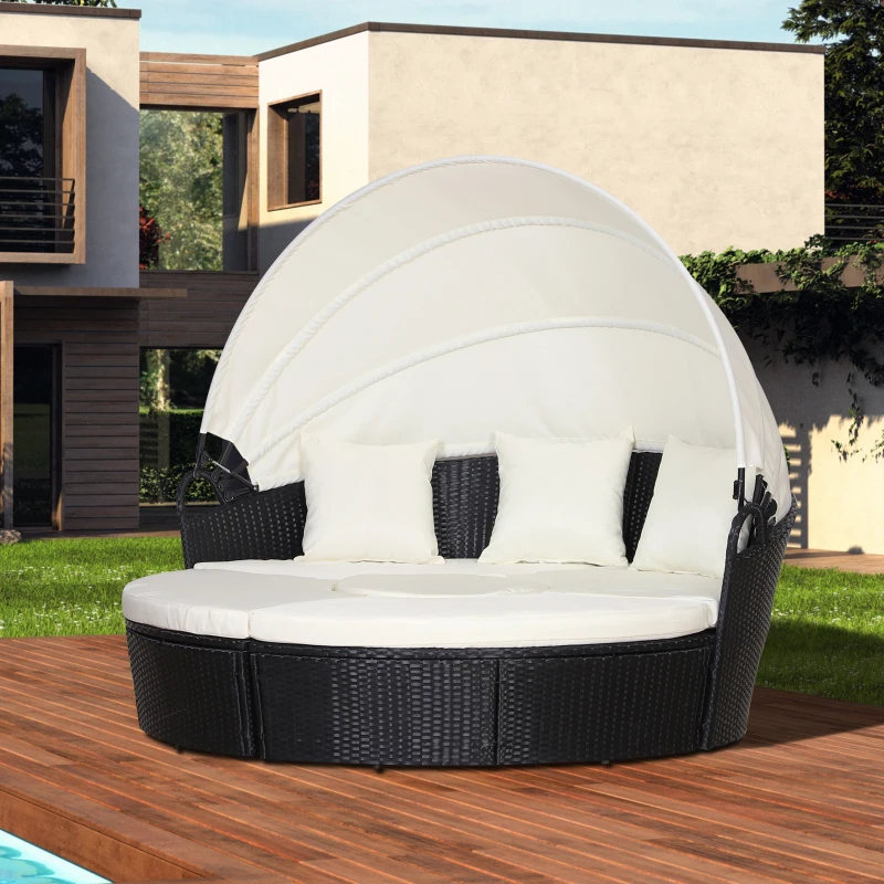 Outsunny Isla de Ratán Modular para Exterior 5 Piezas Tumbona Redonda con Toldo Plegable Cojines Extraíbles Lavables y 3 Almohadas Marco de Metal 175x180x147 cm Negro y Beige