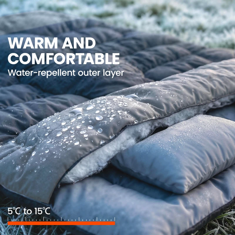 Outsunny Double Sleeping Bag with 2 Pillows, 220 x 160 cm Extra-Large Sleeping Bag for Adults, Black and Grey