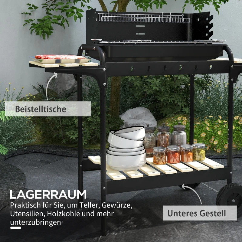 Outsunny Metalen Houtskoolgrill BBQ Smoker met Wielen, Verstelbaar Grillrooster, Houten Plank 103x47x95 cm Zwart
