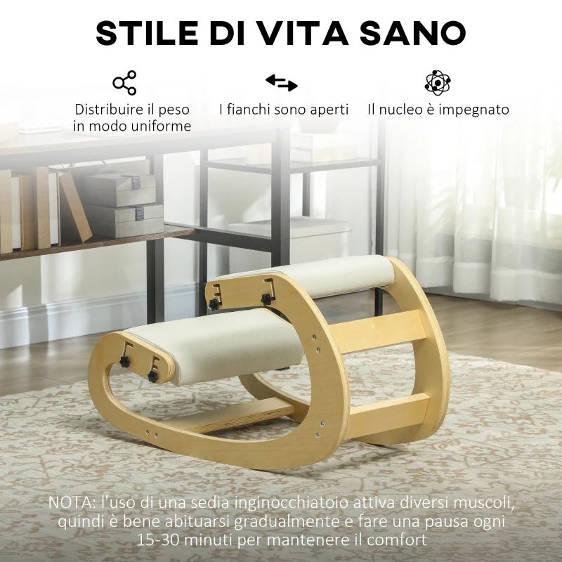 HOMCOM Sedia Inginocchiatoio Regolabile in 6 Posizioni, in Tessuto Effetto Lino e Legno di Betulla, 55x85x55 cm, Crema