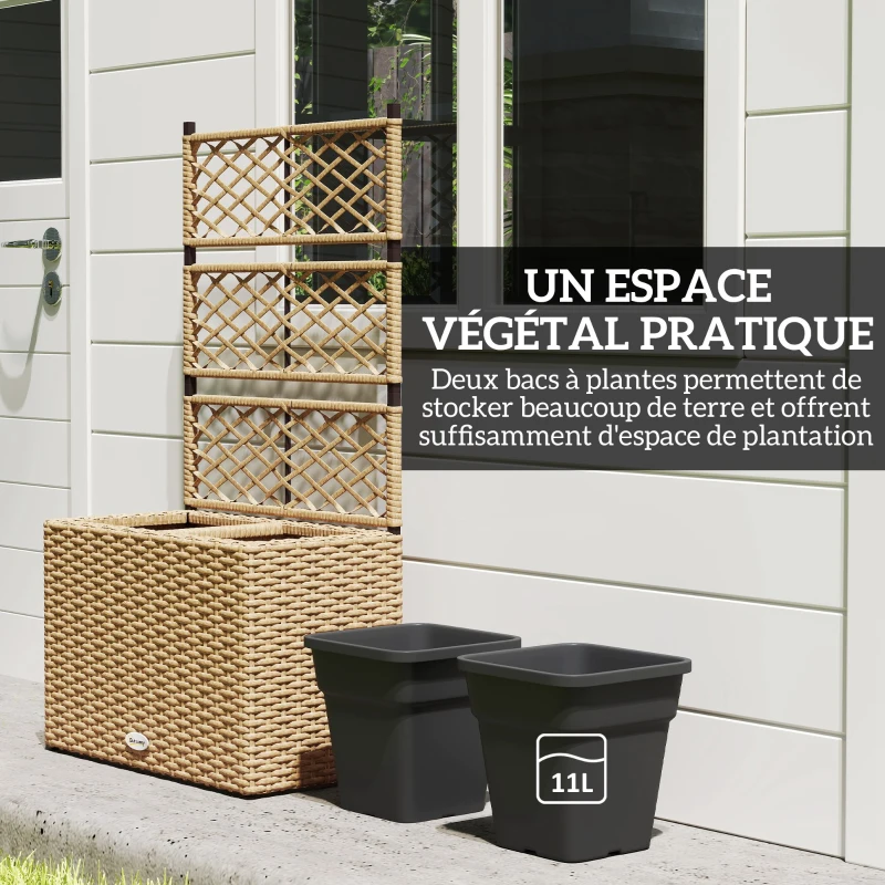 Outsunny Jardinière pour plantes avec treillis 2 bacs à plante 22L en résine tressée et acier 57 x 30 x 107 cm sable